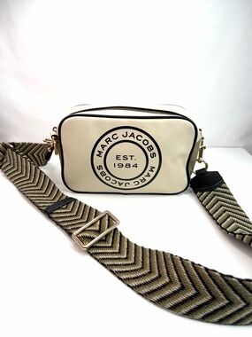 Marc Jacobs Tan Green Logo Camera Patterned Strap Crossbody Bag
